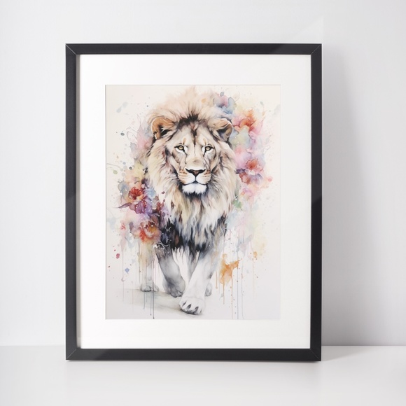 Watercolor Lion With Flowers Portrait Wall Art Illustration Print Unframed - Picture 2 of 6